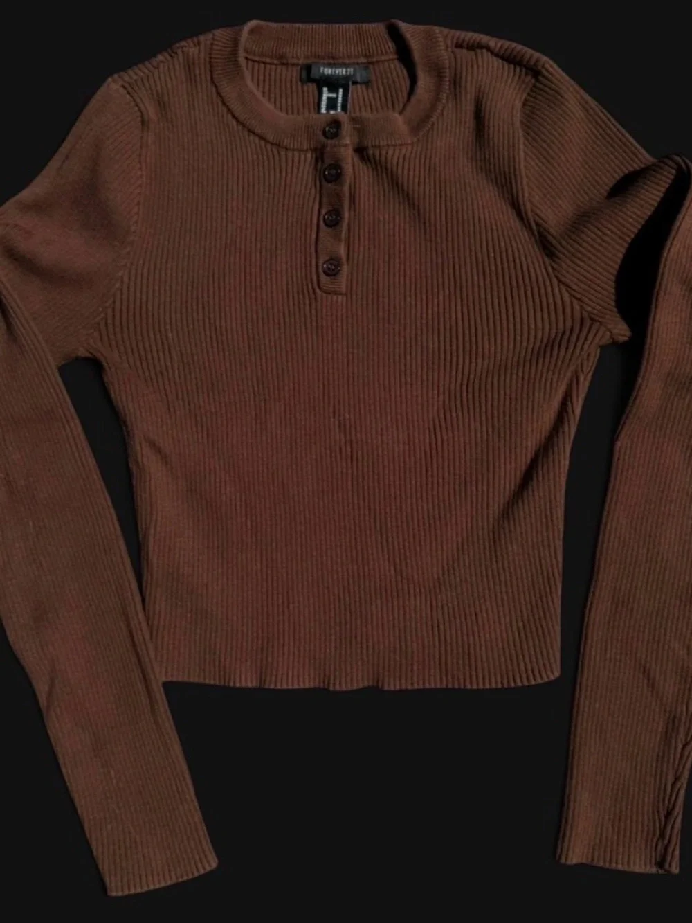 Forever 21 women’s brown ribbed long sleeve Henley top in a M - Picture 1 of 5